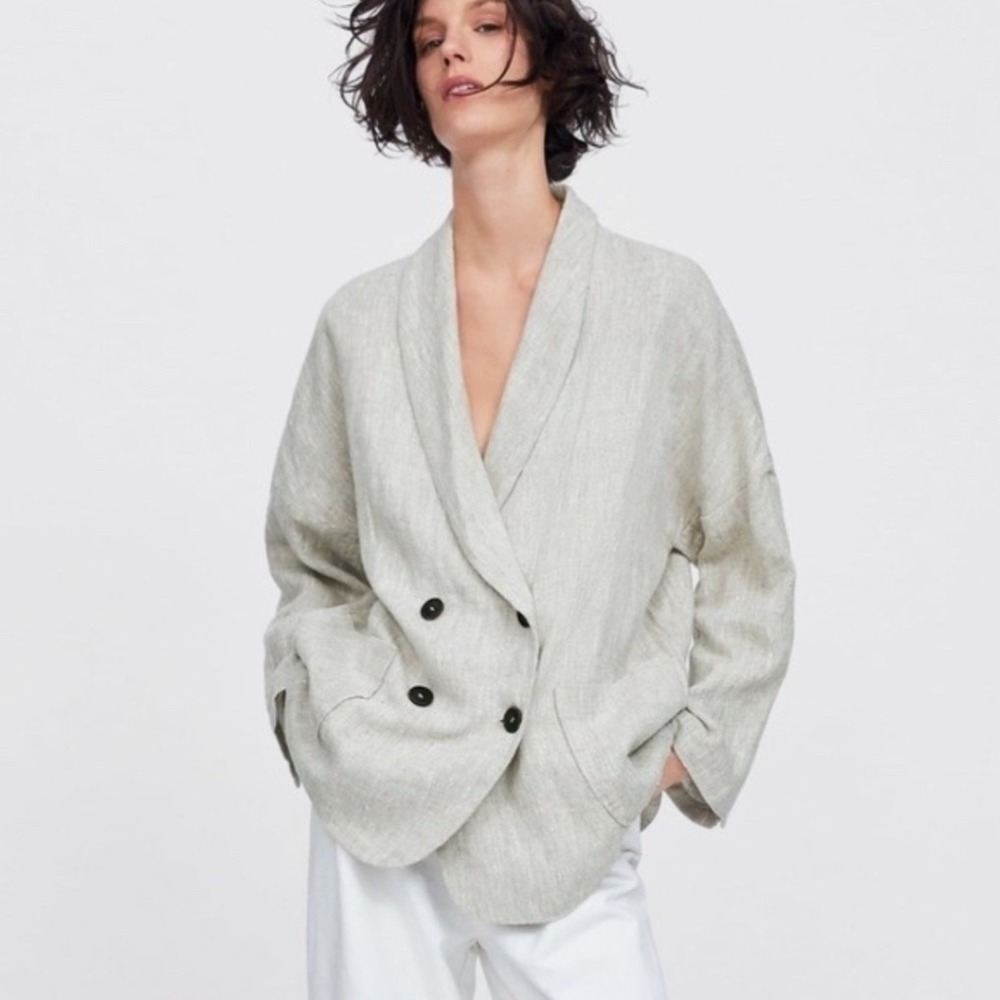 Zara Woman Light Gray Textured Blazer Jacket Oversized Lagen Look Size Medium